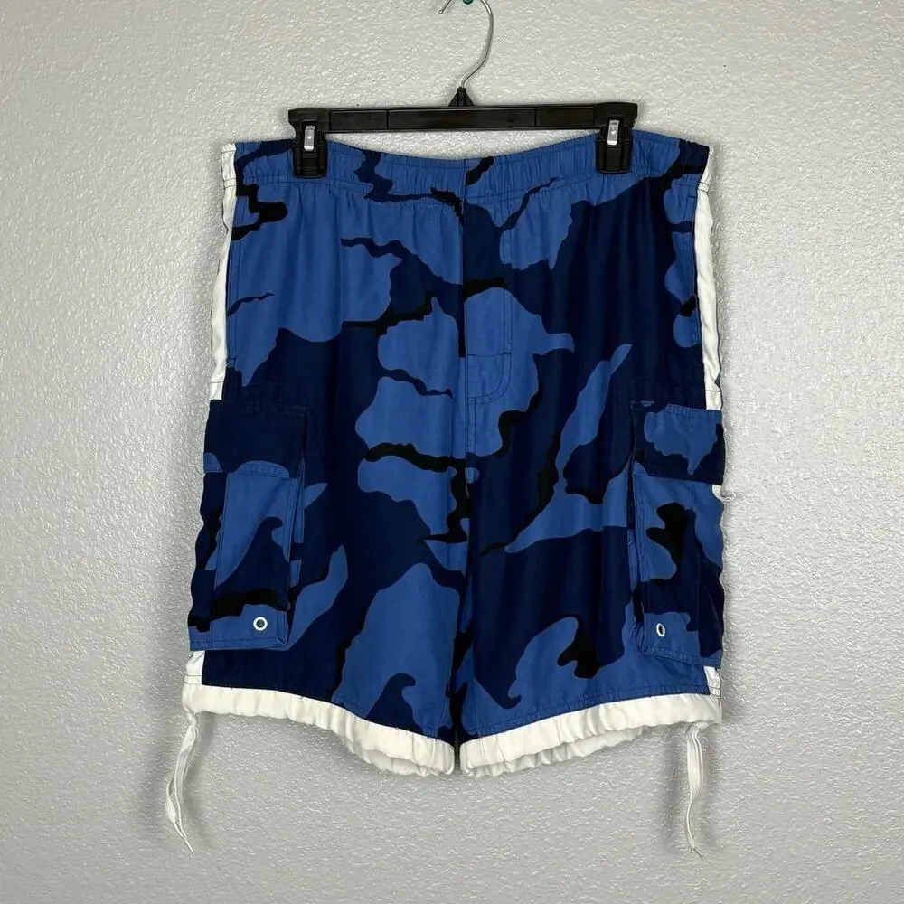 Vintage Midcoast Men's Size Small Drawstring Blue White Camo Swim Shorts Trunks